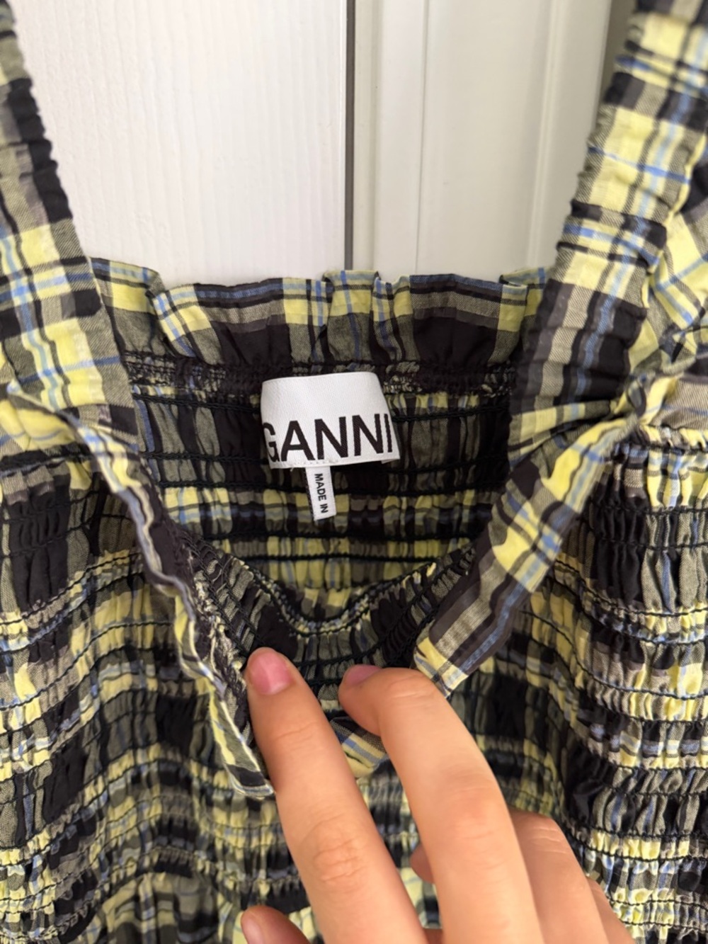 Ganni Yellow, Black and Blue Plaid Smocked Sundress